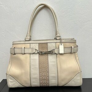 Coach F11682 Hampton Ivory Canvas Leather Stripe Satchel Carryall Tote Handbag